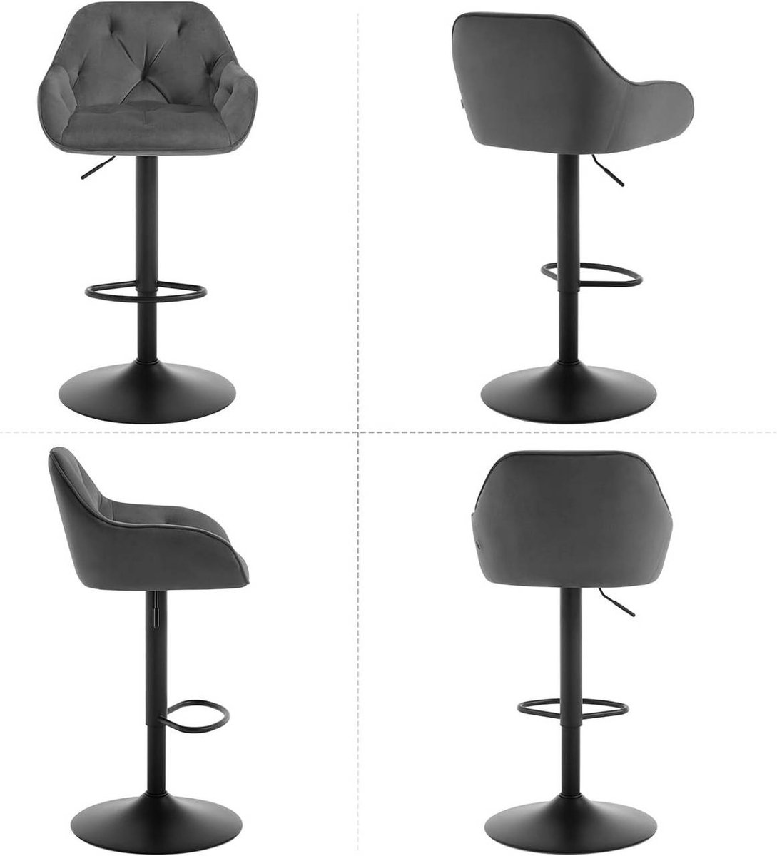 SureDeal® - barkruk - Draaistoel - Armleuningen voetsteun - Gemaakt metalen fluwelen - 37x37,5x84 cm - Zwart