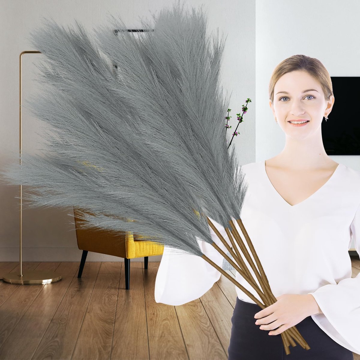SnelShoppen - 6 Stuks Kunstmatig Pampasgras 110 cm - Groot Pluizig Kunstgras in Grijs voor Bruiloft, Woonkamer, Slaapkamer, Boho Woondecoratie