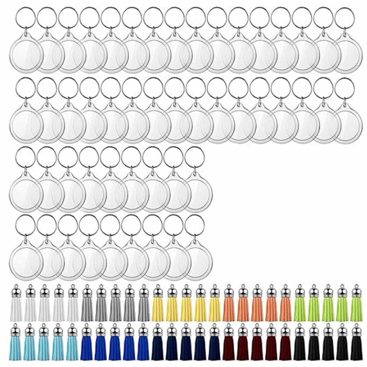 SnelShoppen - Haofy Acryl Fotolijst Sleutelhangers 50 Stuks met 50 Kwastjes in Willekeurige Kleuren, Ronde Foto Sleutelhangers voor Gepersonaliseerde