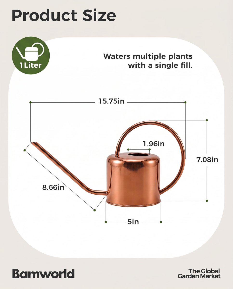 SnelShoppen - Bamworld Gieter voor Kamerplanten - Kleine Gieter met Lange Uitloop - Metalen Gieter voor Binnen in Roségoud - Nauwkeurige Stroomregelin