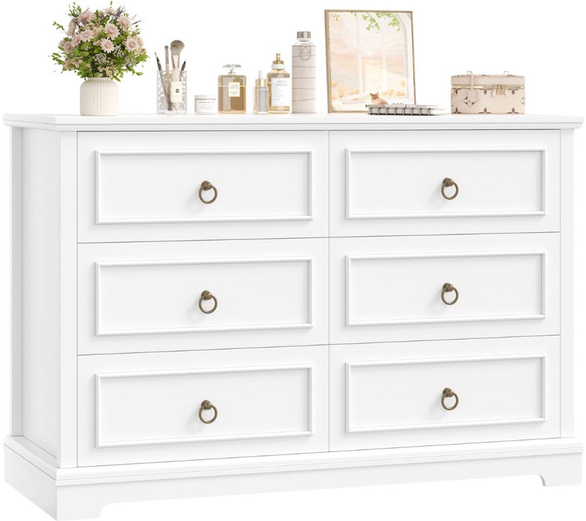 Ladekast met 6 Lades – Voor Slaapkamer en Woonkamer – 120 cm Brede Opbergkast met Houtlook – Wit