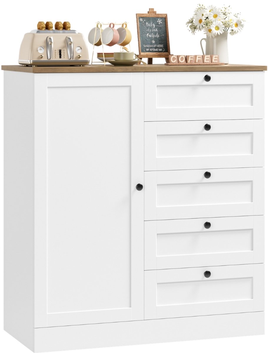 Sideboard – Voor keuken, woonkamer en eetkamer – 1 deur en 5 lades, praktisch design – Wit