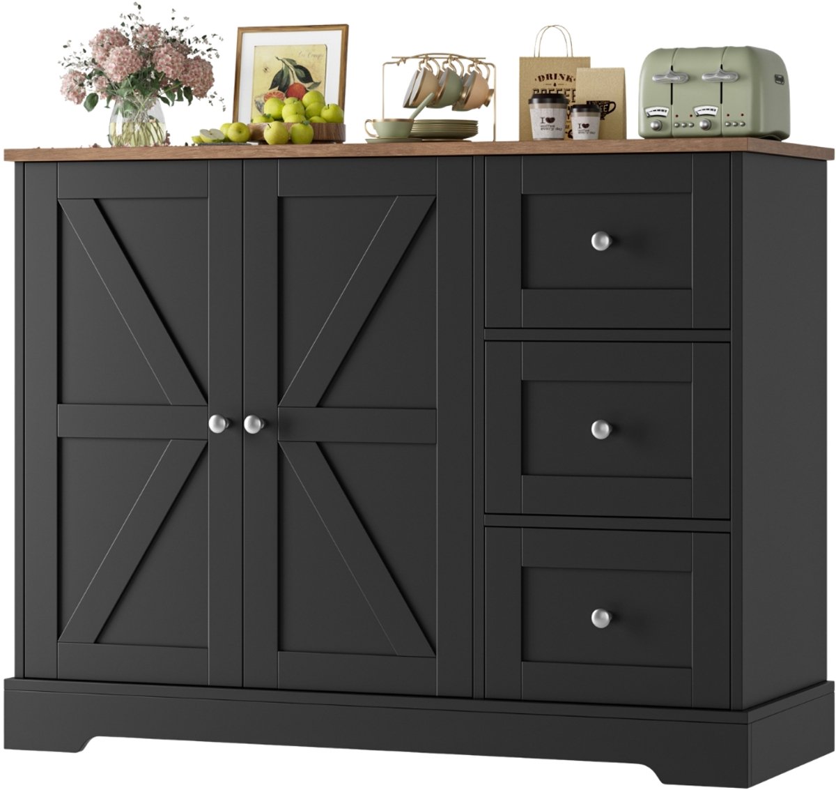 Sideboard – Voor keuken, eetkamer en woonkamer – 3 laden en 2 deuren met werkblad – Houtkleurig