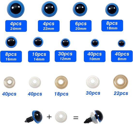Ogen met Sluitringen 8 tot 24 mm Blauw Amigurumis Poppenogen van Kunststof voor Dieren Pluche Poppen Handwer - Knoopogen met sluitringen, voor Amigurumi knutselen, poppenogen, teddyogen voor doe-het-zelf creatief handwerk — afbeelding 2