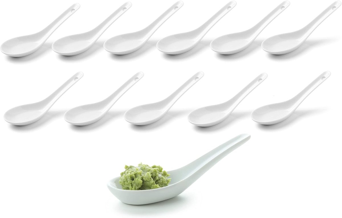 Set van 12 Aziatische rijstlepels, soep- en serveerlepels van wit porselein, bijv. voor rijstschalen of voorgerechten, dessertlepels, ramenlepels, restaurant, keuken, Aziatische lepels