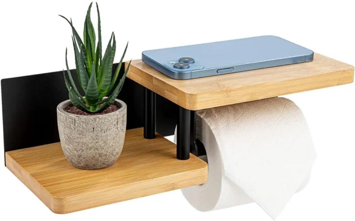Toiletrolhouder van hout met plank, wc-rolhouder om te boren, wc-rolhouder, keukenrolhouder, hout, schroefboring, roestvrij staal en bamboe toiletrolhouder voor keuken en badkamer