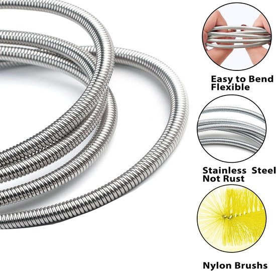 Pijpreinigingsborstelset met dubbele kop (2 m) + 2 x slangborstels (20 cm), flexibele afvoerborstel voor buizen, afvoeren, aquarium en huishouden (geel) — afbeelding 3