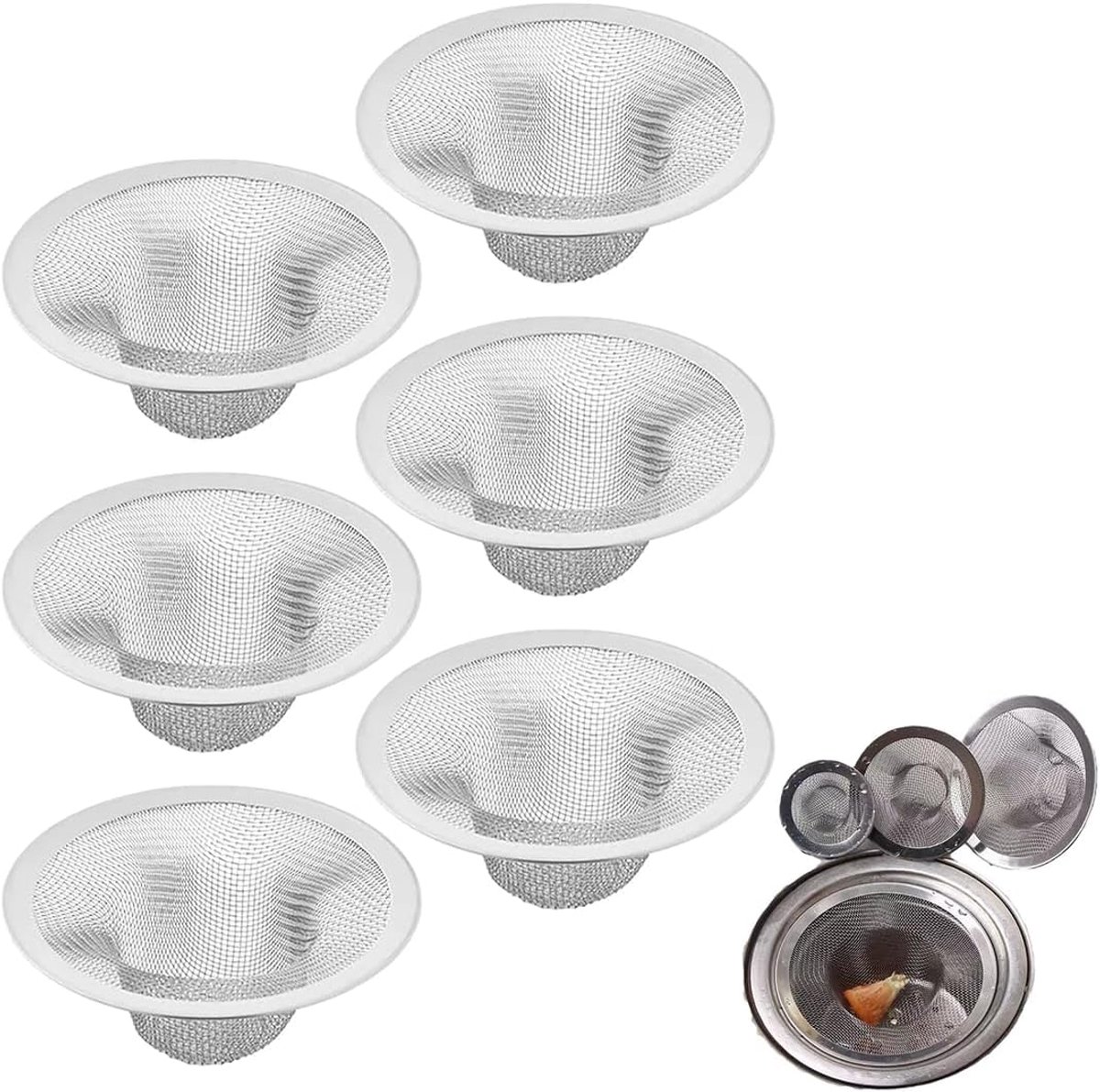 gootsteenfilter, verpakking van 6 afvoerzeven voor gootsteen, keuken en douche - gootsteenfilter en afvoerfilter, RVS afvoerzeef voor keuken