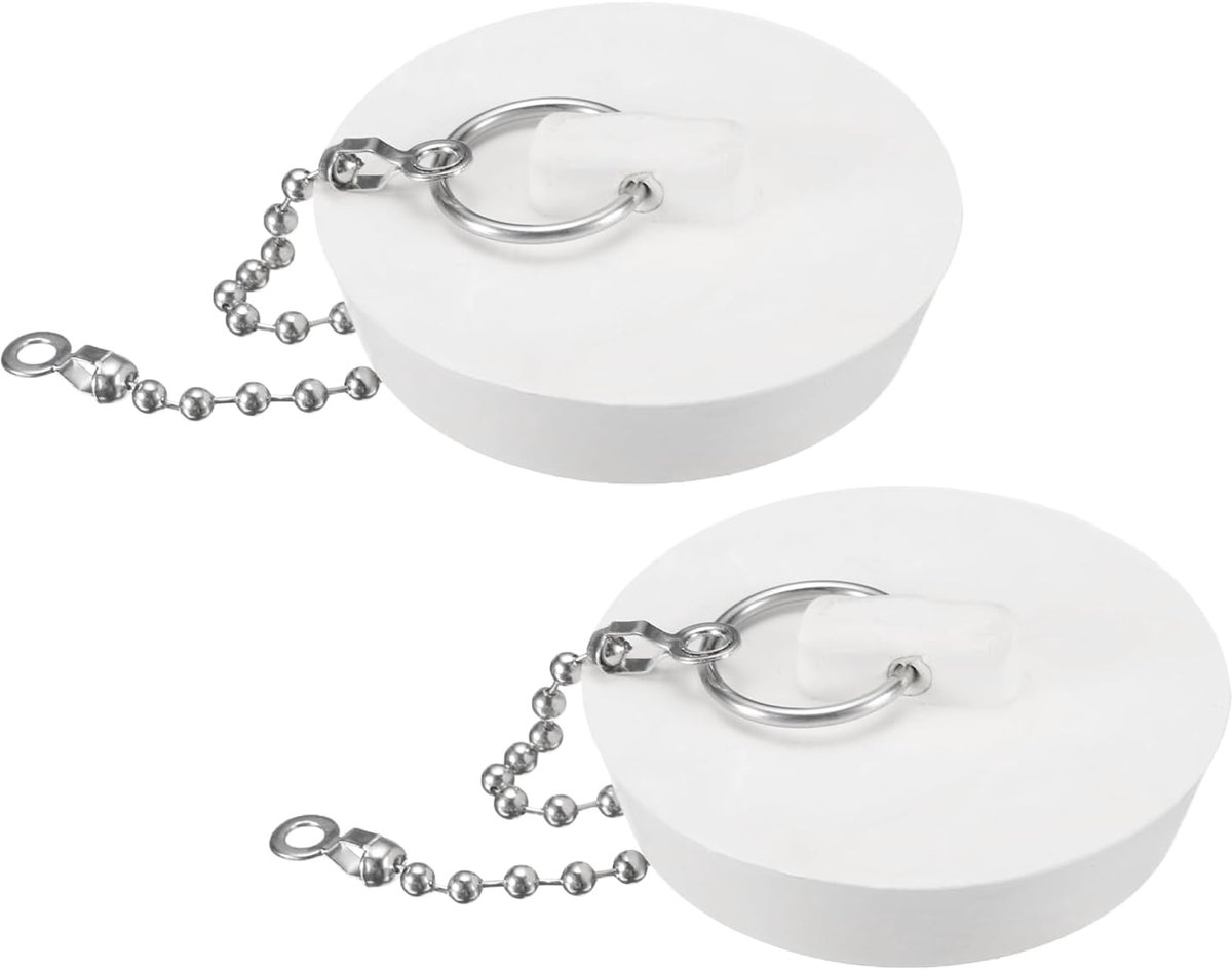 2 stuks badstoppers, rubberen stoppen 5 cm voor afvoer wastafel in de keuken, afvoerstop voor badkamer met trekring en ketting 15 inch, wit
