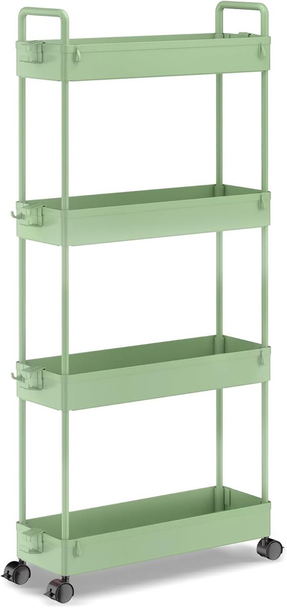 Opbergwagen met 4 niveaus, uittrekbaar, dun, met wieltjes, voor keuken, badkamer, wasruimte, slaapkamer, smalle plaatsen, kunststof, groen