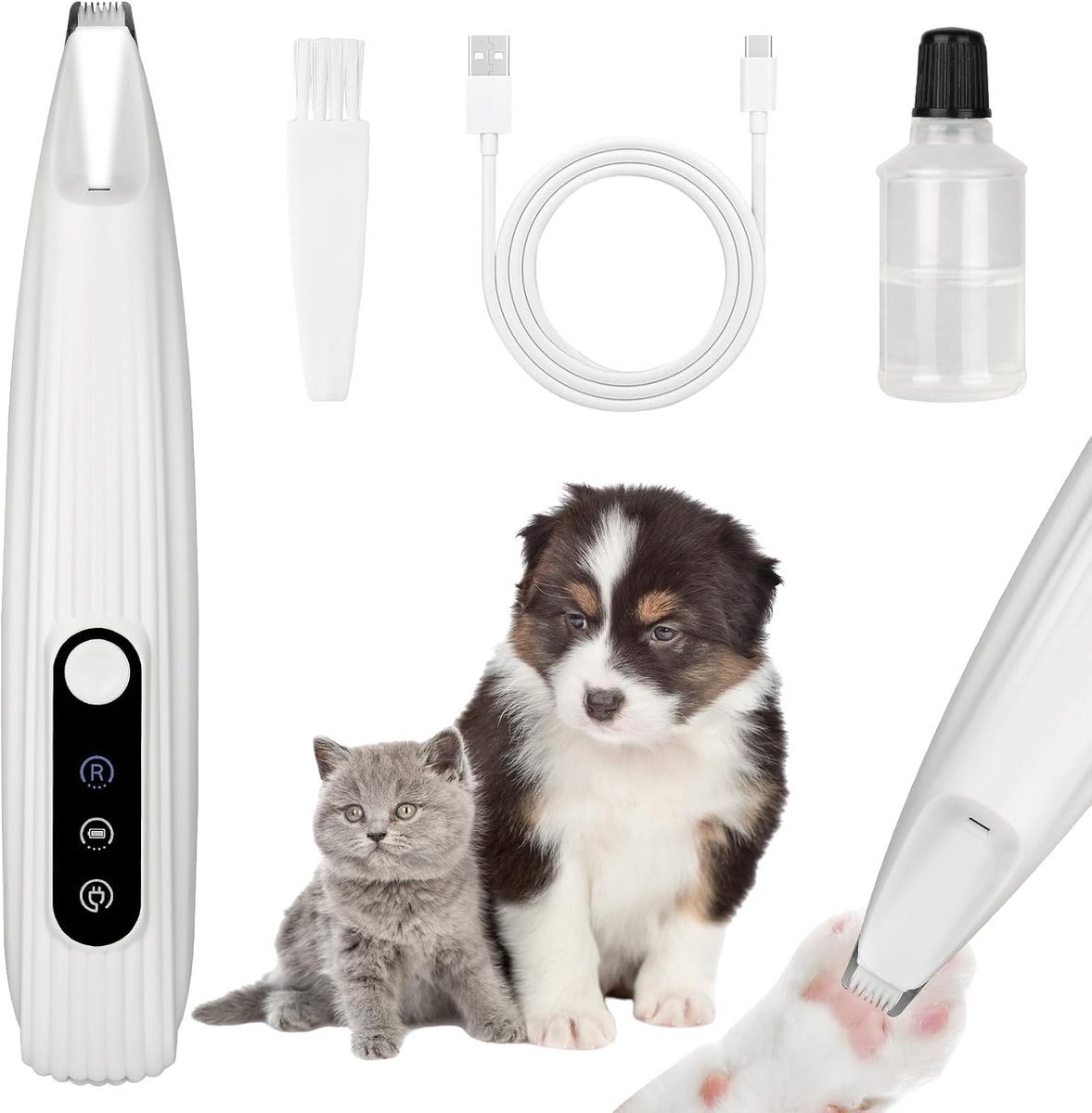 Hondentondeuse, Kattentondeuse Scheerapparaat | Hondentondeuse Hondenpoottrimmer, Oplaadbare Stille Dierentondeuse met LED-licht voor Katten- en Hondenpoten-Wit