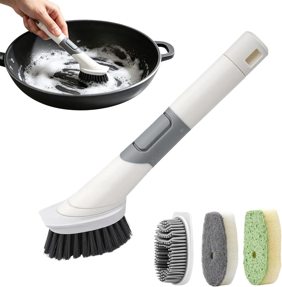 Afwasborstel met afwasmiddeldispenser, vulbare multifunctionele keukenborstel met 4 verwisselbare borstelkoppen (spons, TPR, houtvezels, borstelharen met hoge dichtheid) voor potten, pannen
