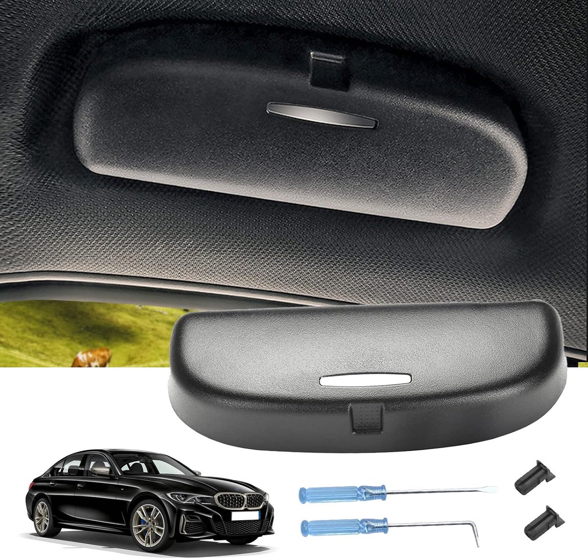 Zonnebrilhouder, compatibel met BMW F30, F10, F12, F01, G20, G30, G32, G11, X1, X3, X5, X7, autobrilhouder, brillenetui, opbergdoos, organizer, accessoires (zwart)