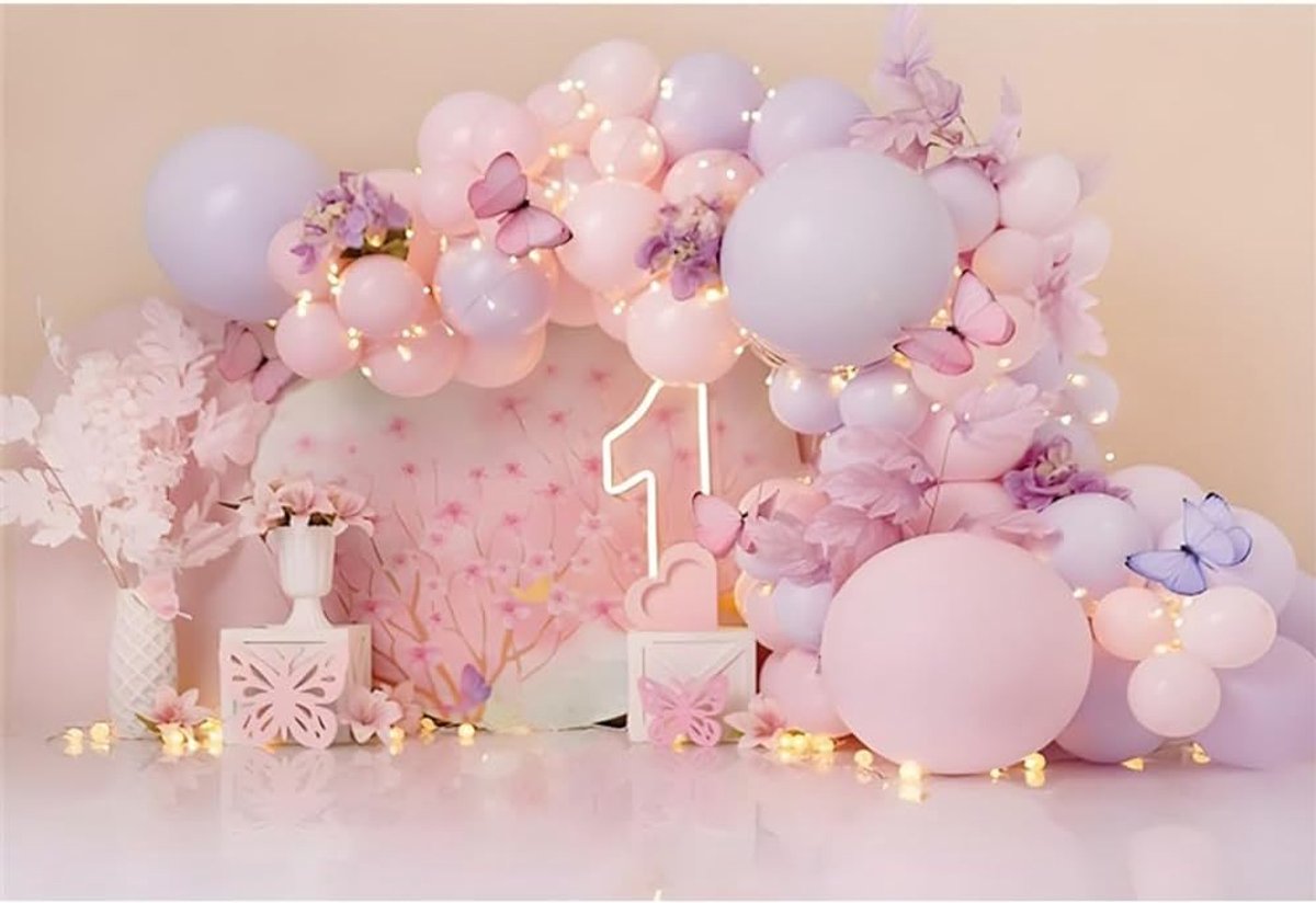 1e Verjaardag Achtergrond 180 x 120 cm Roze Paarse Ballonnen, Sprankelende Fotografie Achtergrond, Decoratieve Bloemen, Vlinder, Meisje, Verjaardagsfotografie Achtergrond, Studio Foto