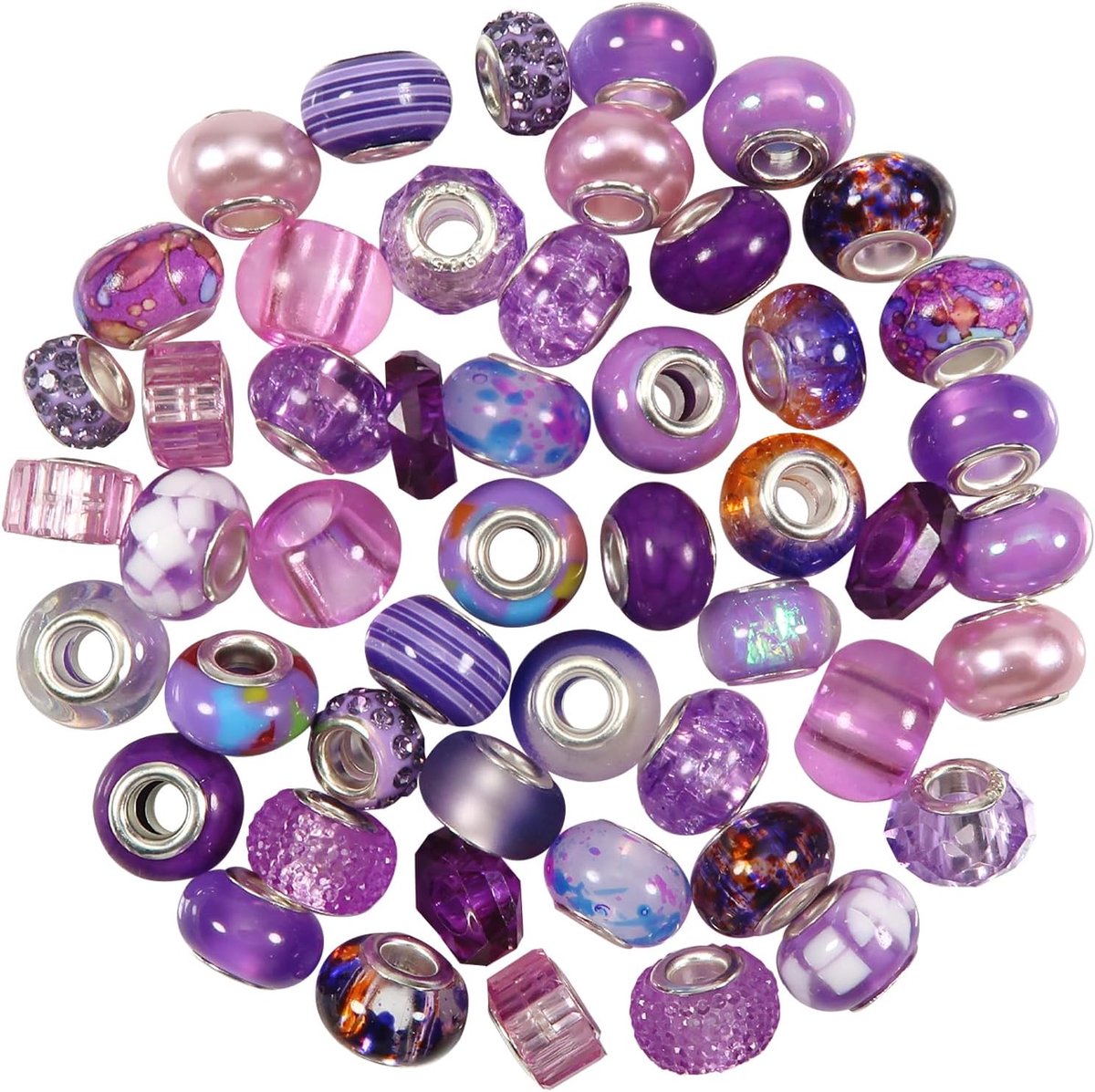 Kralen - 20 stijlen - Paars - Groot gat - Strass - Ruimtescheppers - Voor doe-het-zelf, handwerk, armbanden, halskettingen, het maken van sieraden