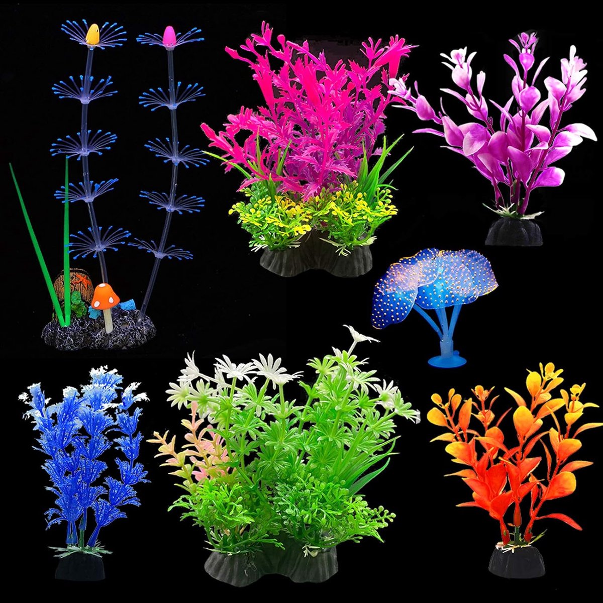 Aquariumplanten, kunstmatig, gloeiend koraal en waterplanten, aquariumplanten, decoraties, aquariumornamenten, 7 stuks