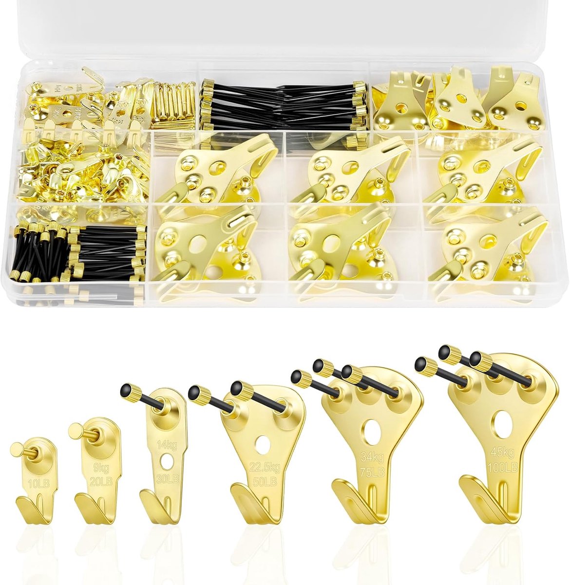 haken, zware fotohaken, 160 stuks fotolijst haak met spijkers, foto frame haak kit goud 6 verschillende draagniveaus voor schilderijen, spiegels, frames, decor