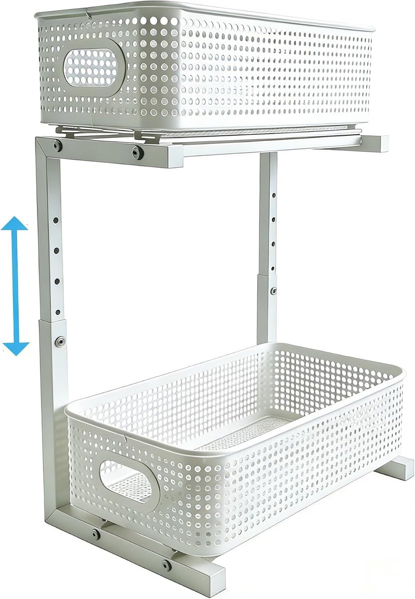 1 stuk uitschuifbaar lade-rek, spoelbakorganizer, badkamerkastopslag, verstelbare metalen schuifladen voor voorraad en kastorganisatie, wit