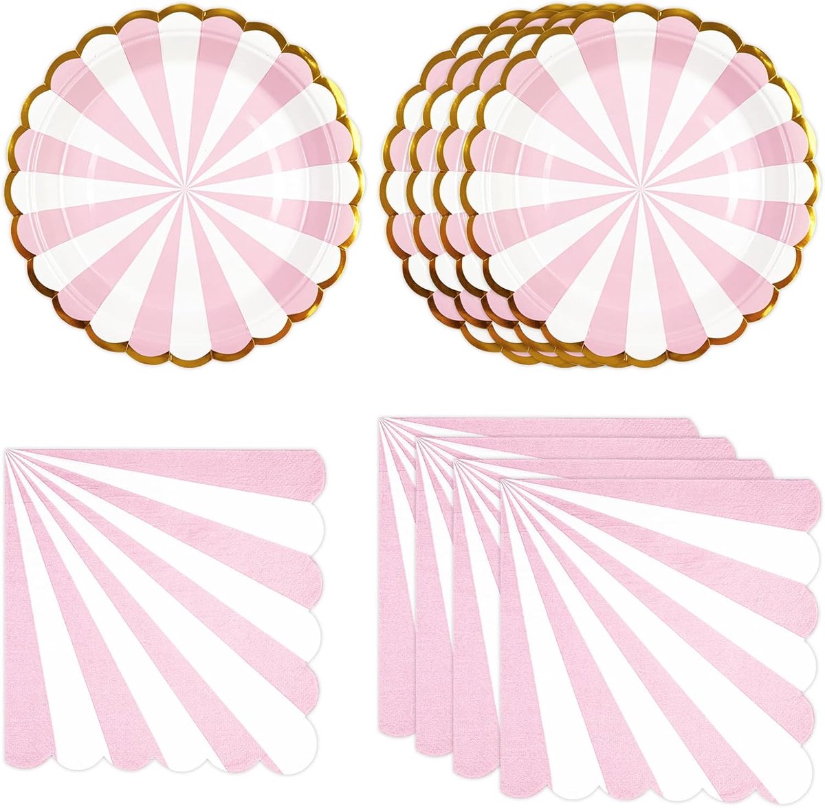 50 stuks roze papieren borden en servetten partyserviesset, feestborden servetten met goudfolierand, golvend gestreept, partyservies, wegwerp voor feestdagen, bruiloften, verjaardagsdecoraties (roze)