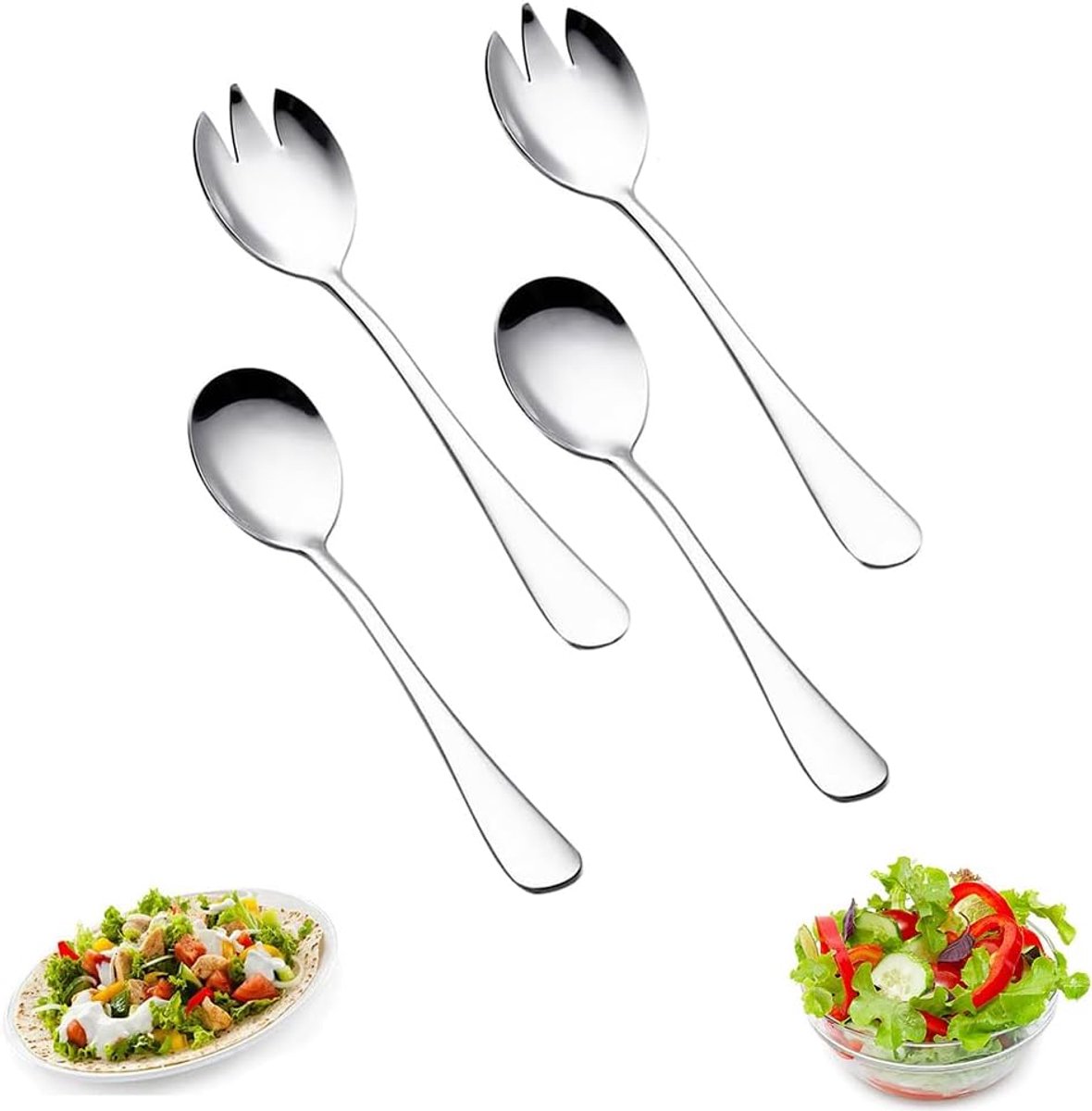 4 stuks slabestek, roestvrij staal, 19,5 cm x 4,5 cm, slabestek, roestvrijstalen slalepel en saladevork, serveerlepel, vaatwasmachinebestendig, saladebestek, roestvrij staal voor keuken, eetkamer