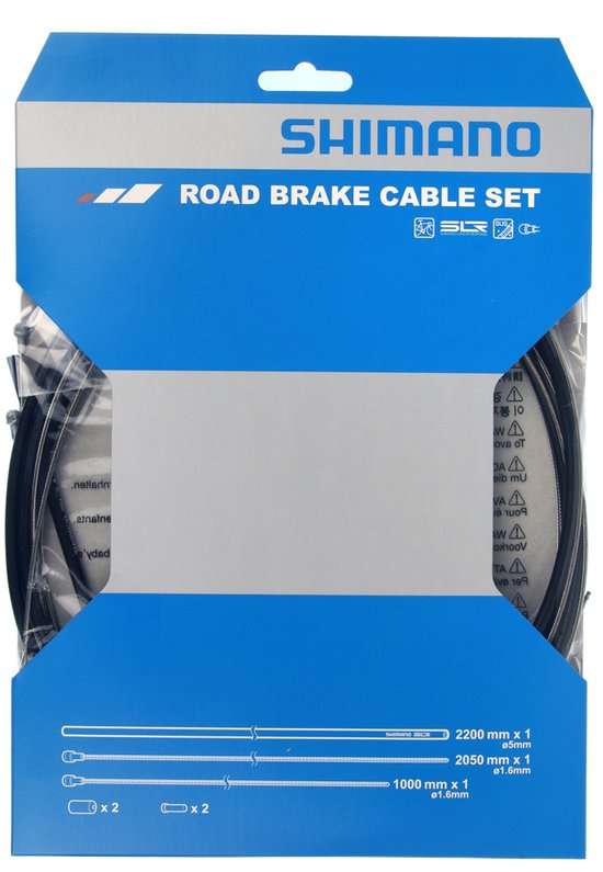 Shimano Road Brake Cable Set verpakking, blauw met kabeldetails.