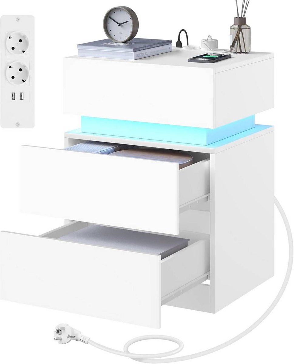 SureDeal® - Nachtkastje - Oplaadfunctie - LED verlichting lichtkleuren - 2 lade - 40x35x55 cm - Wit