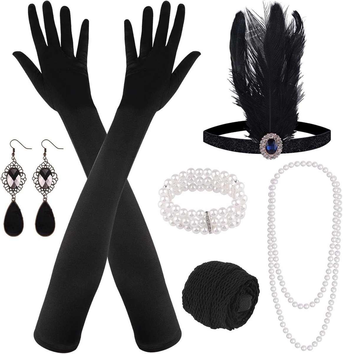 Accessoires Set voor Flapper Kostuum met Hoofdband, Ketting, Oorbellen en Lange Zwarte Handschoenen voor Great Gatsby Themafeest