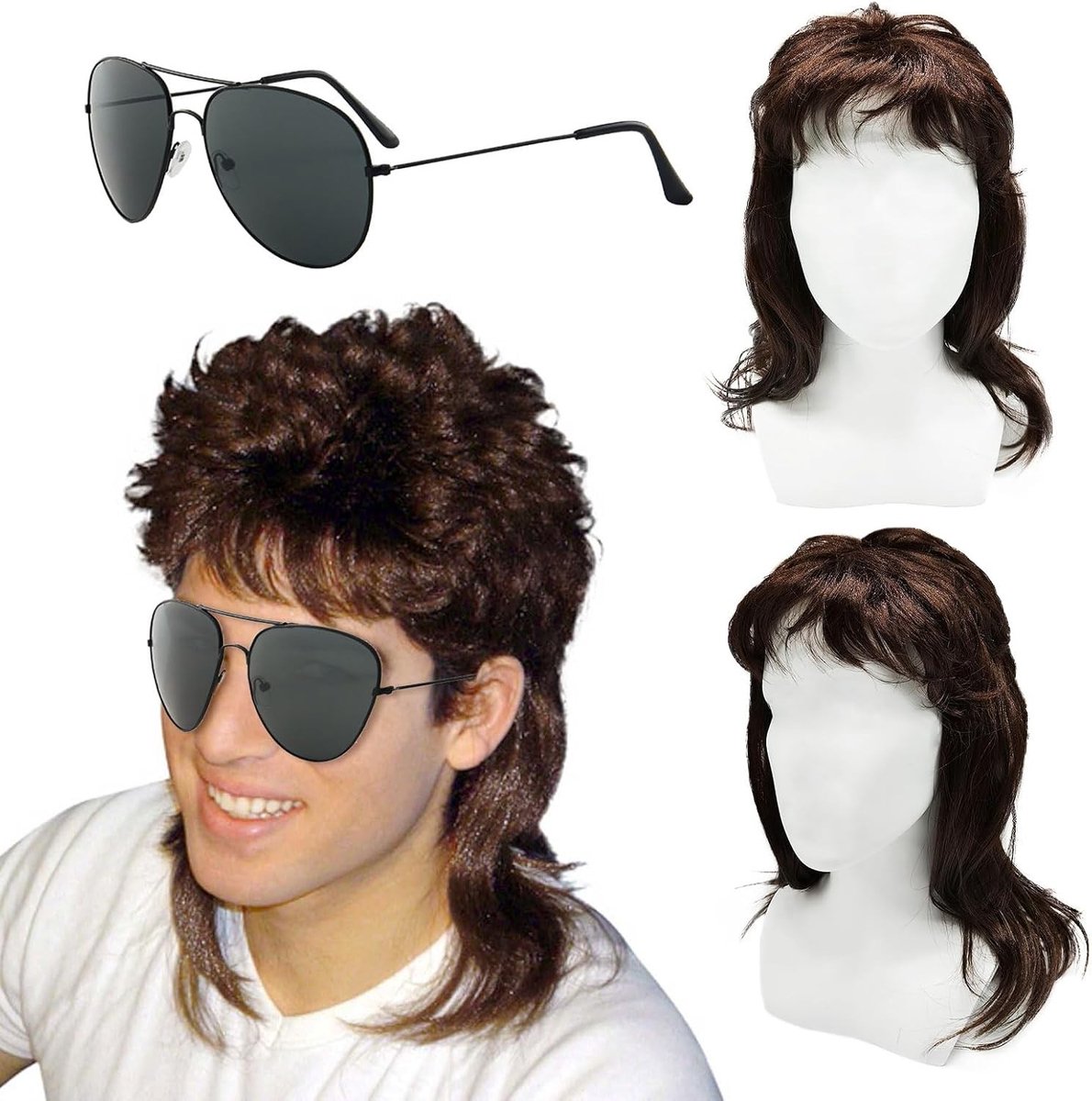 Bruine Krullende Vokuhila Perucque voor Mannen - Retro 70s 80s Cosplay Kostuum, Perfect voor Halloween en Disco Feesten, Set van 2