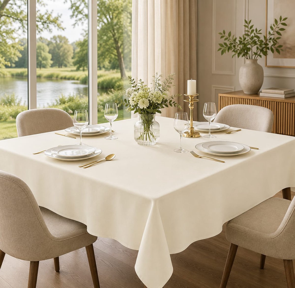 Lano&Go Champagne tafelkleed linnenlook 160x320 cm - waterafstotend, afwasbaar, voor eetkamer, tuin, feest en bruiloften