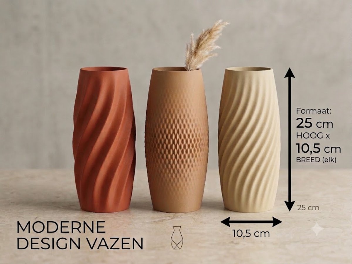 Design Vazen Set van 3 - Japandi Vazen - Scandinavische Woondecoratie - Organische Vazen - Moderne Decoratie - Terracotta, Karamel & Woestijnbruin - 25 cm