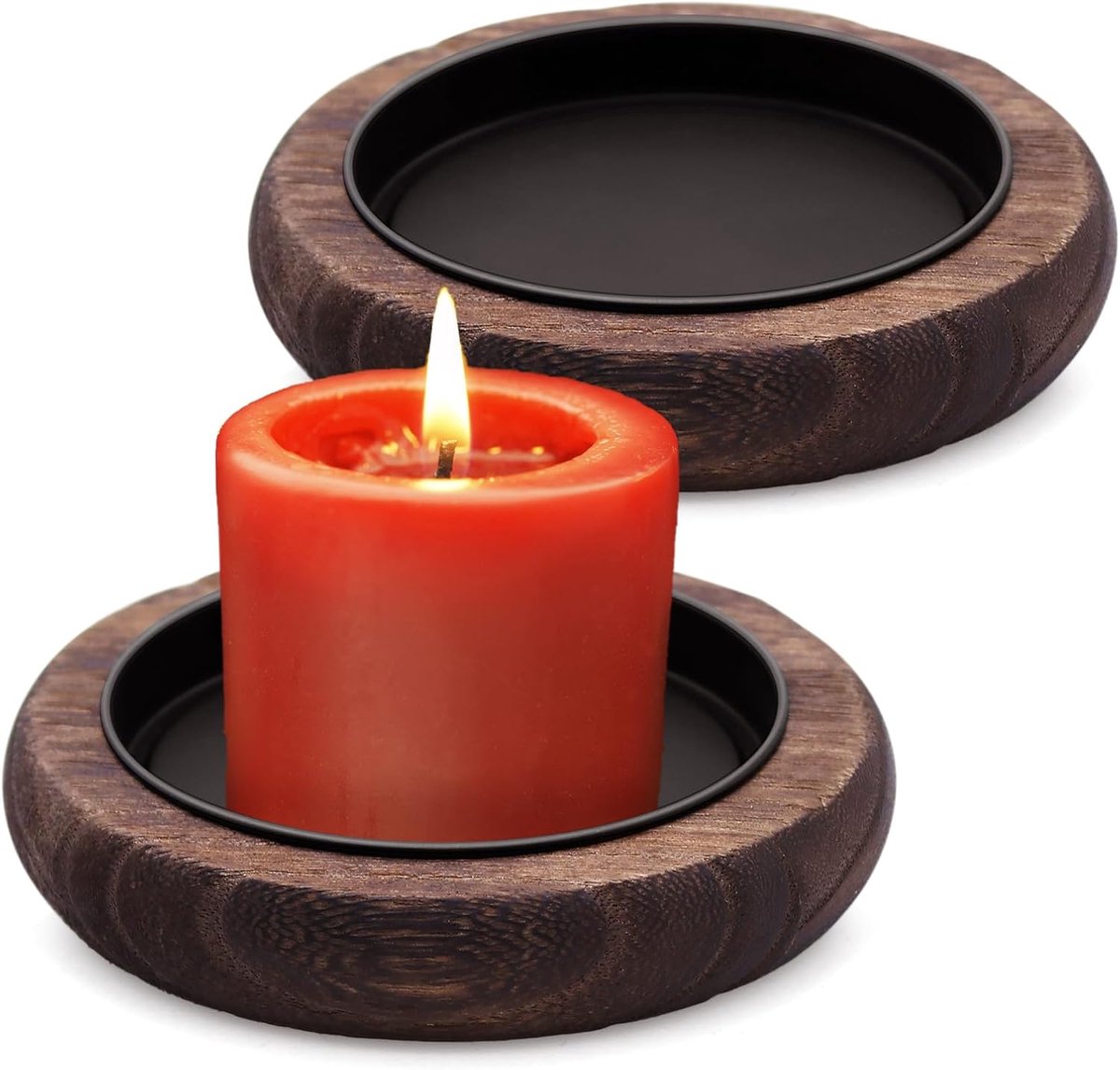 SnelShoppen - 2 stuks kaarsenhouder rond zwart van hout, decoratieve kaarsenstandaard voor stompkaarsen, doopkaarsen en bruiloftskaarsen