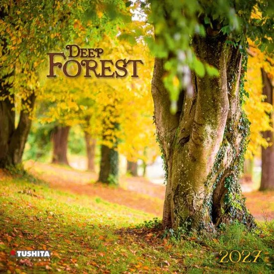 Grote boomstam in een herfstbos met gele bladeren, tekst Deep Forest 2027 en Tushita logo onderaan.
