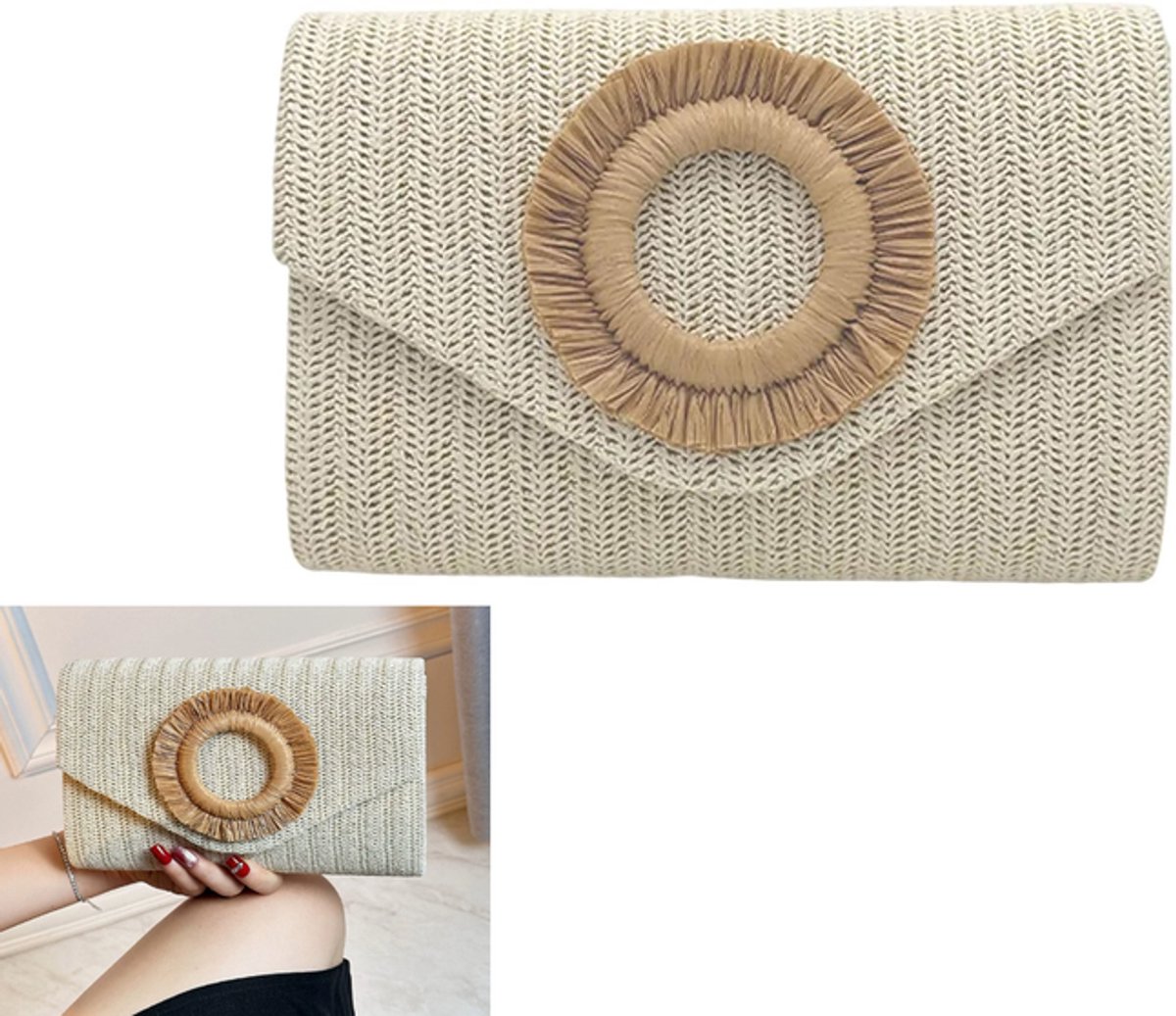 KZQ Stro envelop clutch en crossbody tas voor dames - Geweven handtas voor zomer strand en avond - Lichtgewicht en stijlvol - Wit