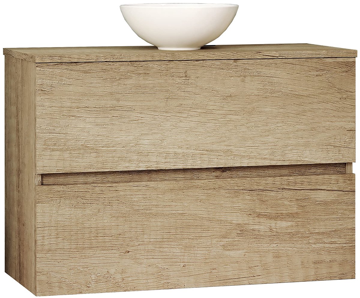 SnelShoppen - Badkamermeubelset Ness voor Kleine Badkamers, Inclusief Keramische Wastafel, 80 cm, Nature, Gemonteerd Meubelstuk met Twee Lades, Ideaal