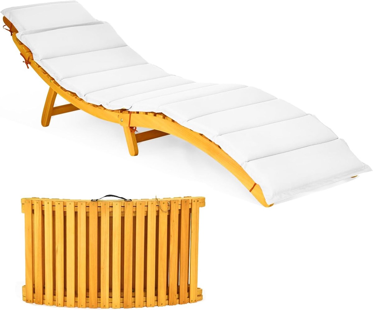 COSTWAY Ligstoel, inklapbaar met kussen, houten ligstoel met inklapbare hoofdsteun, ergonomische ligstoel, belastbaar tot 180 kg, houten ligstoel voor tuin, terras, achtertuin