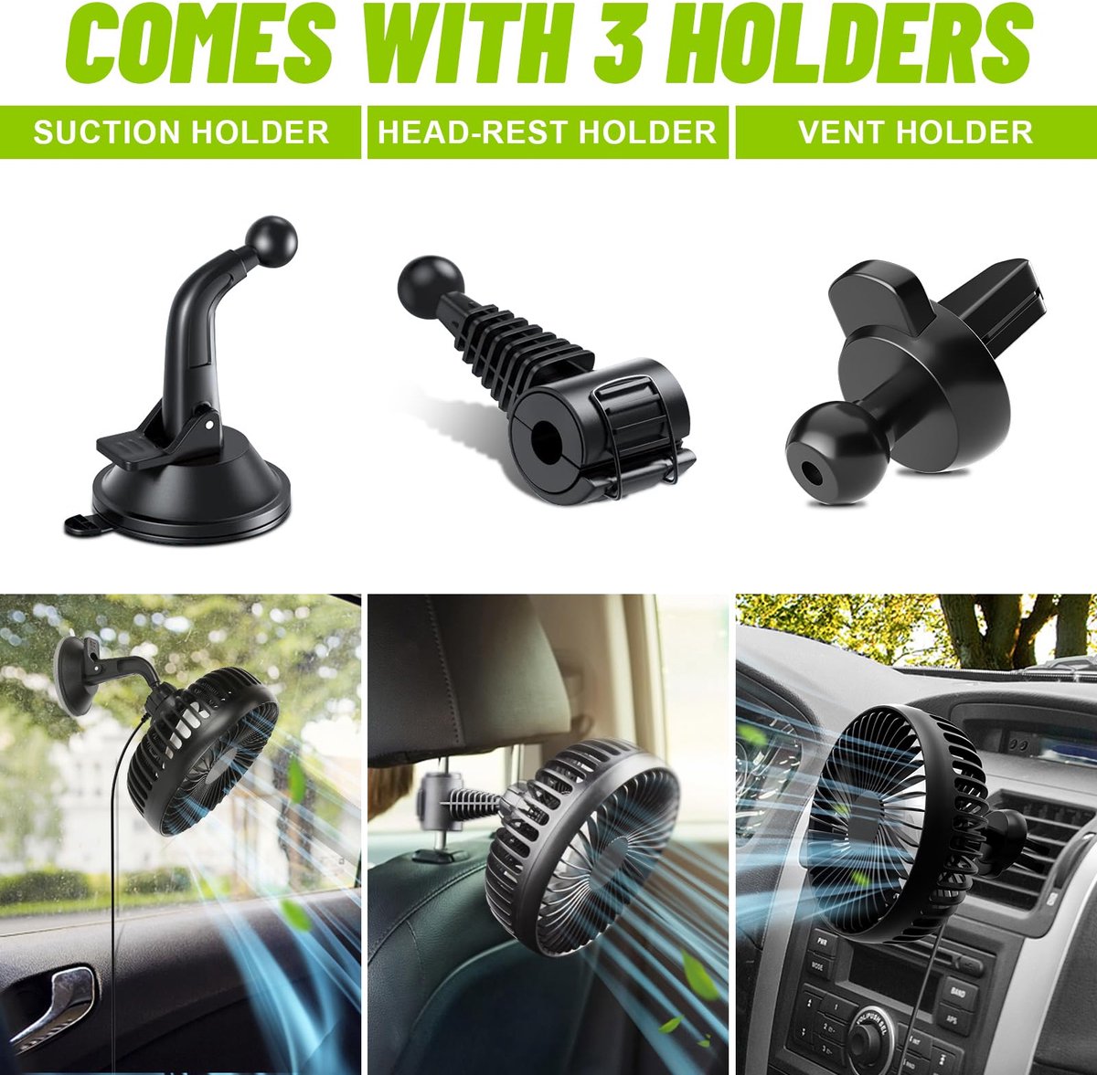 SnelShoppen - Autoventilator Mini USB Ventilator met 3 Houders, Stil, 3 Snelheden, 360 Graden Rotatie, Zuignap, Clip, Hoofdsteun, Geschikt voor SUV, V