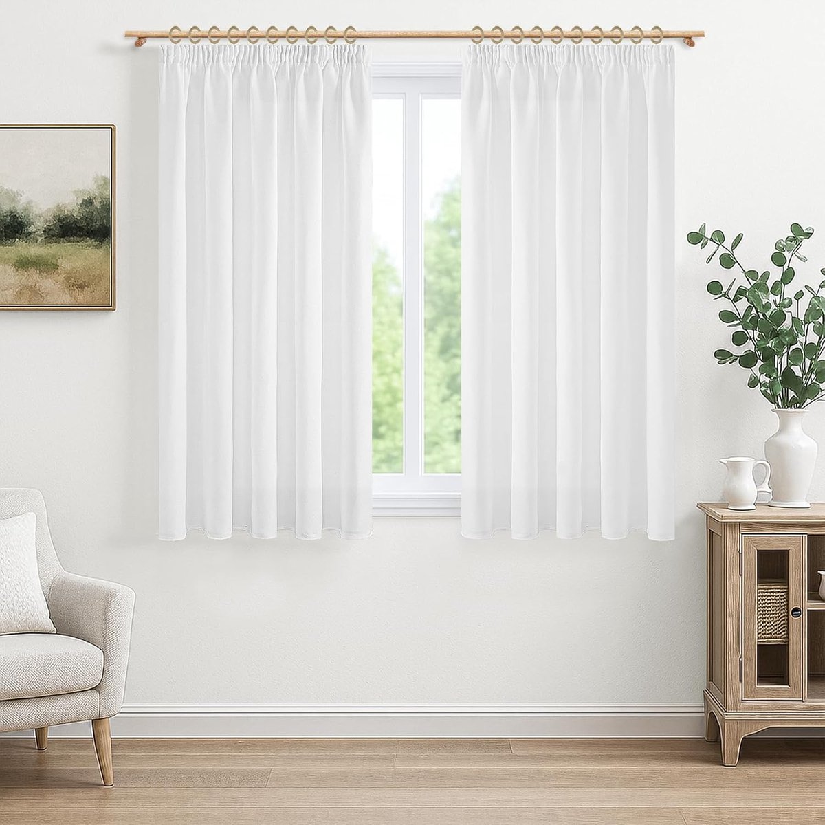 Gordijnen, wit, half-transparant, kort, raamgordijn, linnenlook met plooiband, 145 cm lang, 140 cm breed, gordijnen, wit, set van 2, voor keuken, woonkamer, slaapkamer, modern
