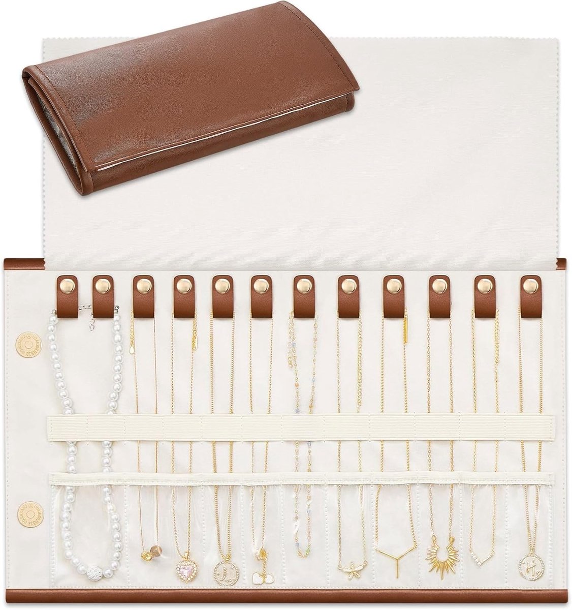 Ketting organizer voor op reis, knoopvrije kettinghoes voor reizen, lederen opvouwbare oprolbare sieradenopbergtas voor kettingen, armbanden, karamel, houder met 12 sleuven