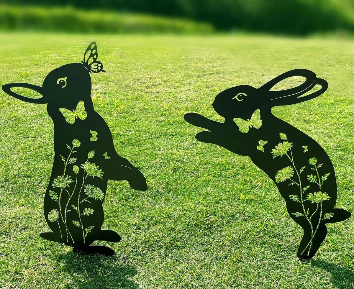metalen tuinpalen decoratief, 2 stuks zwarte sprong konijn silhouet standbeelden, voor tuin, tuin, gazon buitendecoraties. Konijn Liefhebbers geschenken.
