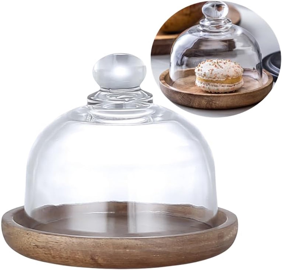 dessertkoepel met houten basis, mini-taartstandaard, taartplaat houten platen met koepel, fruitdisplay serverlade voor keuken, verjaardag, bruiloft, voorgerecht dessert en kaasserveerstandaard