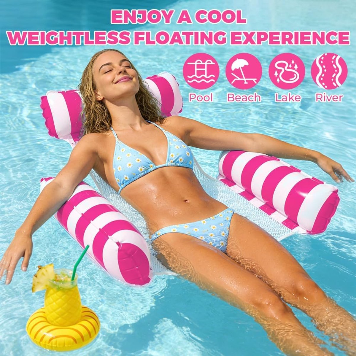 hangmat, zwembadhangmat, waterdichte telefoonhoes inbegrepen, zomerzwemmen, strand, zwembadfeest, blauwe strepen