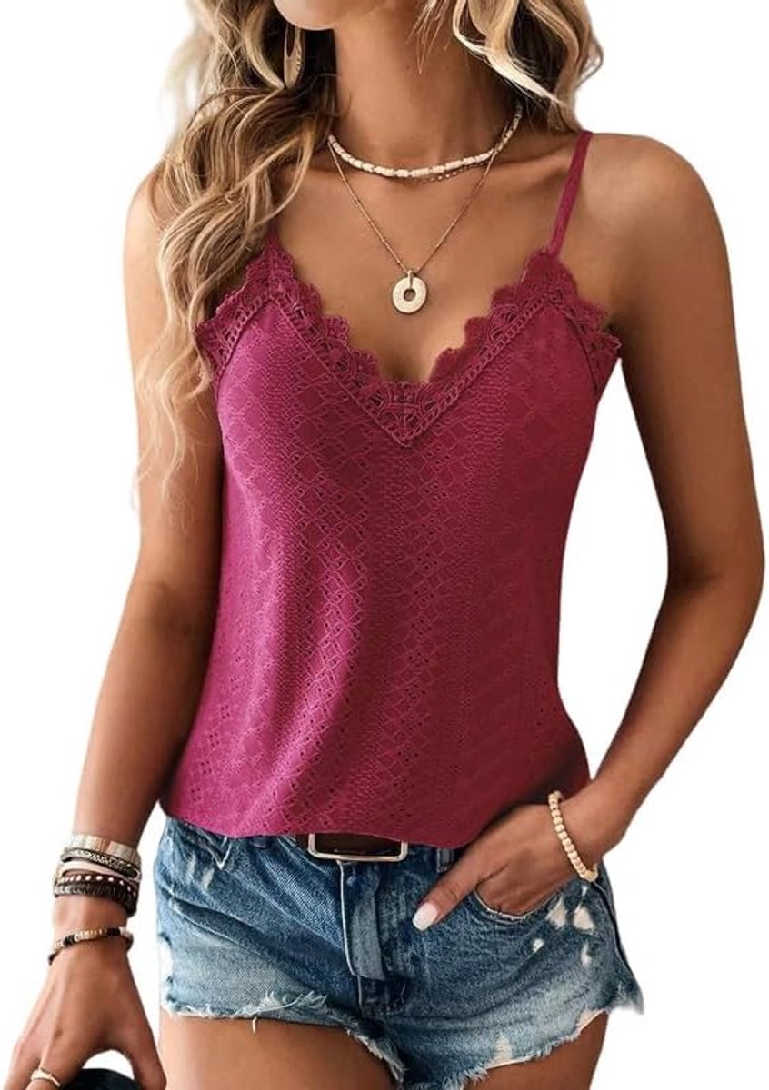 Vest Tops Dames Kanten Rand V-hals Dames Zomertops Tanktops Mouwloze Spaghettibandjes Cami Top Eyelet Borduursel Camisole Losvallende Blouse Shirt