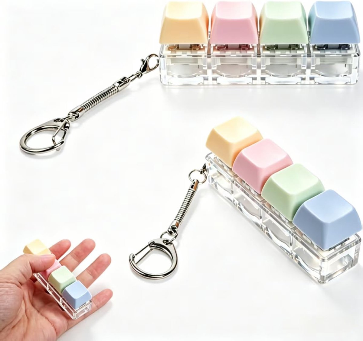 toetsenbordsleutelhangerset (2 stuks), met transparante keycaps, lineair 4-toets-klikdesign in 4 kleuren, stressvermindering en decoratie