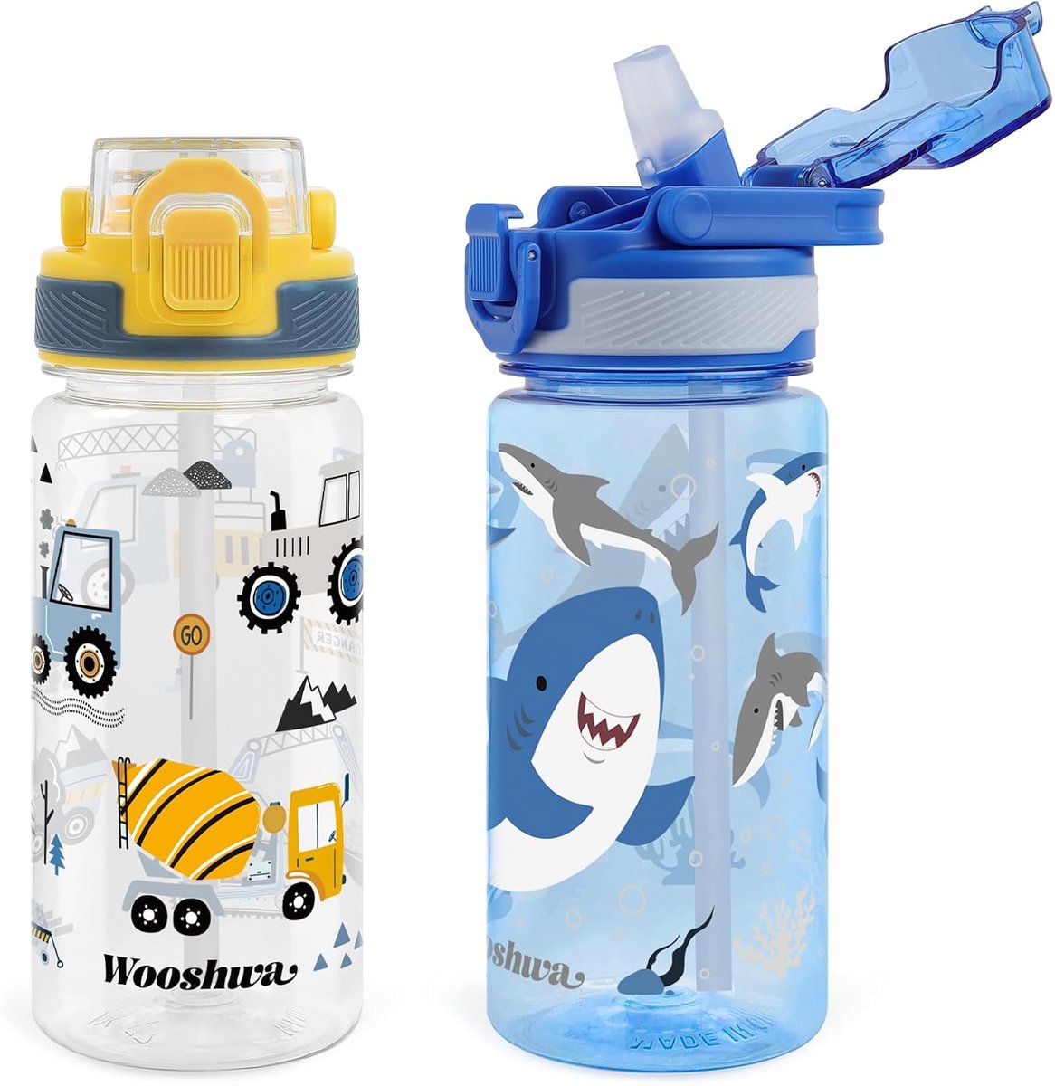 SnelShoppen - Drinkfles voor Kinderen met Rietje, 480 ml, 2 Stuks, Lekvrij, Sportdrinkfles, Waterfles voor Jongens en Meisjes, BPA-vrij, Graafmachine