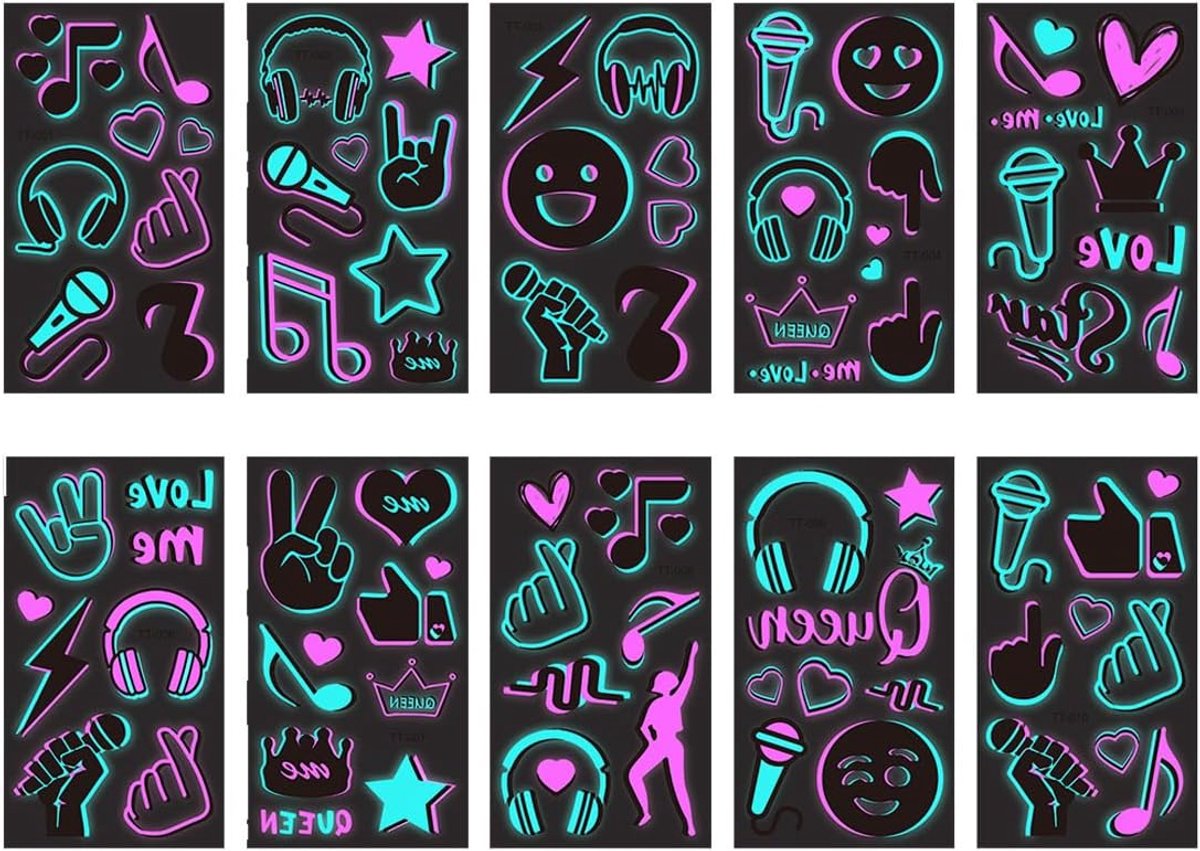Tijdelijke tatoeages, tijdelijke muziektattoos, neontatoeages, muzieknoten, blacklight uv-tatoeages, glow in the dark A
