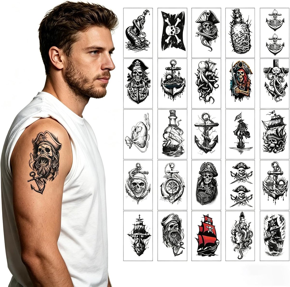 Tijdelijke Tatoeages Doodskop Tattoo Piratenontwerpen Schedel Tattoo Stickers Tijdelijke Tatoeages Doodskop En Piraten Piratenontwerpen Met Kompas, Anker, Zwaard Voor Mannen Vrouwen