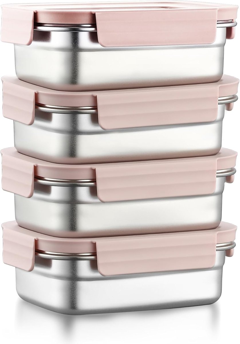 Kleine roestvrijstalen voedselopslagcontainers met deksels - stapelbare maaltijdbereidingscontainers lekvrij, herbruikbare metalen bento-lunchbox (roze, 650 ml x 4)