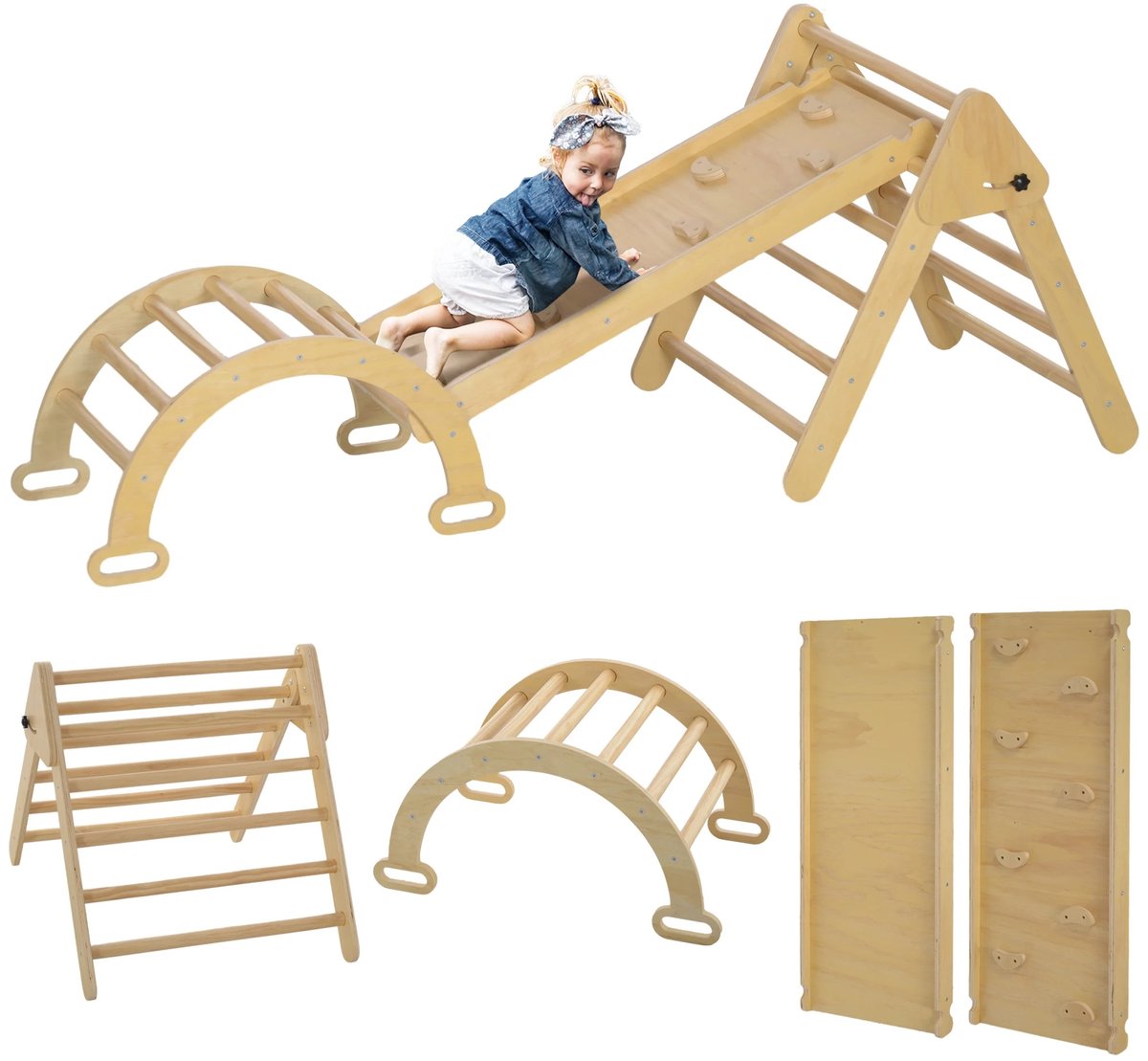 Atlasyx klimboog - Klimrek baby - Houten klimrek - Klimrek peuter - Montessori klimrek - Opvouwbaar - 5-in-1 ontwerp - Naturel hout