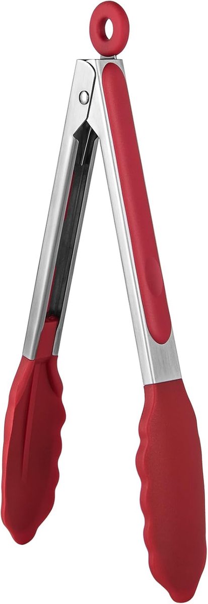 Siliconen Keukentang, 315°C Hittebestendig Koken Tang (Rood) | 23 cm Voedselveilig Siliconen Punten en Siliconen Handvat, Kooktang van Roestvrij Staal voor het Grillen, Salade, Buffet