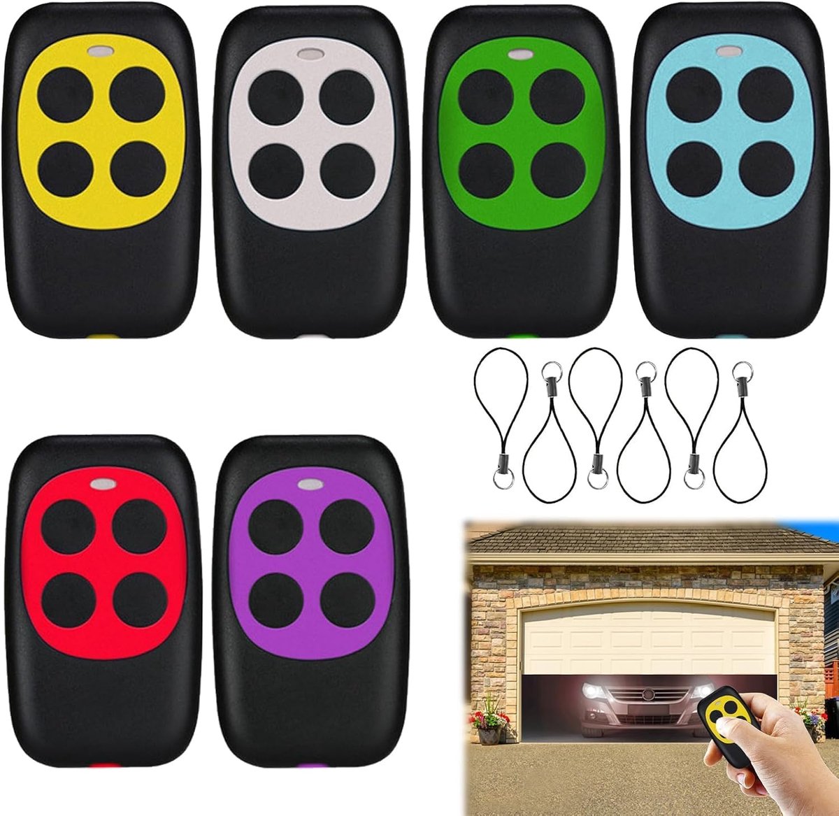 6 x universele garagedeur-afstandsbediening, duplicator, voor garagedeurbediening, compatibel met lichtschakelaars en jaloezieën met 6 touwen om op te hangen